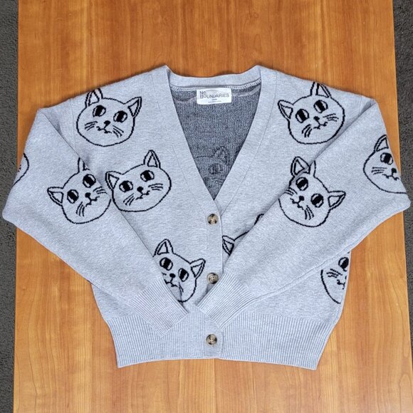 V-Neck Grey Cat Kitten Face Cropped Cardigan - XXS - Picture 5 of 12